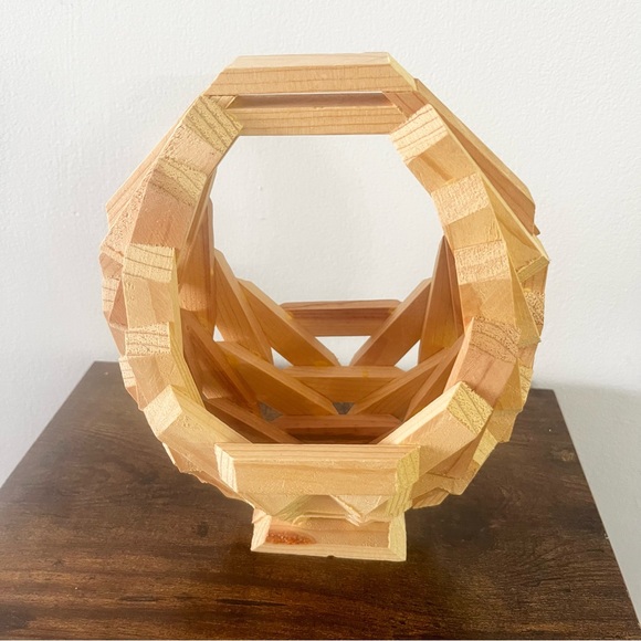 Vintage Midcentury Wood Block Geometric Handmade Fruit Basket Planter Retro SM - Picture 3 of 9